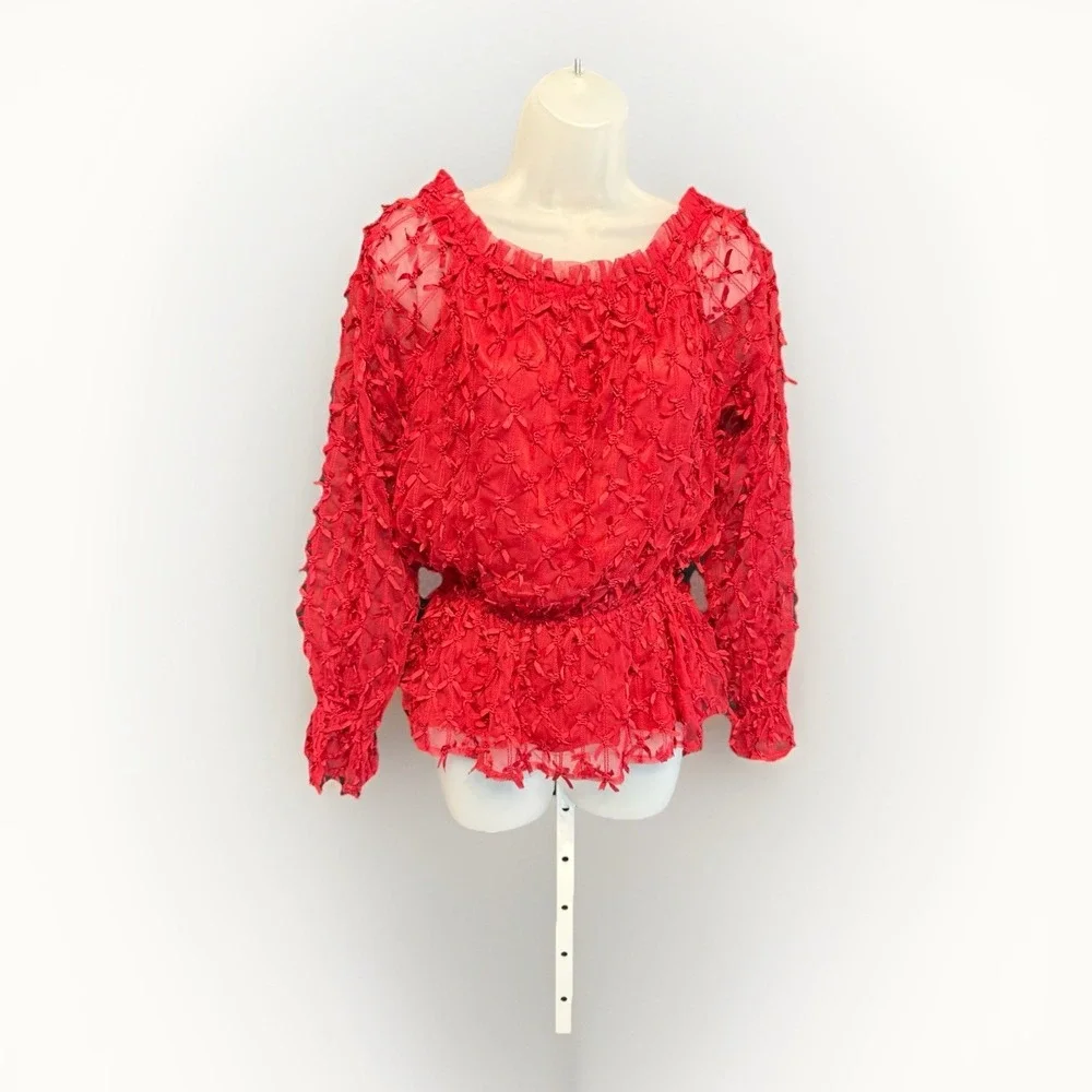 Vintage Debbie Shuchat Medium Blouse Red Textured Long Sleeve Elastic Waist NWT